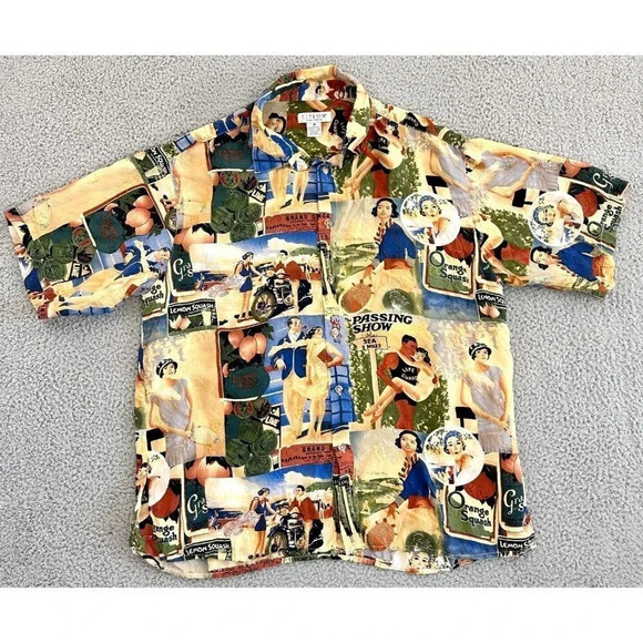 Citron Santa Monica Button Shirt 100% Silk 1950s Print Pin Up Girl - Picture 1 of 16